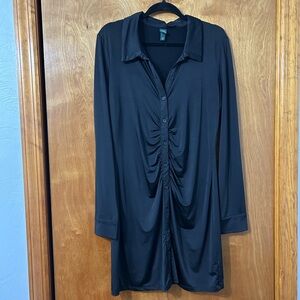 wild fable Black Ruched Button-Front Long Sleeve Shirt Dress